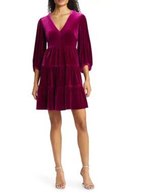 NEW Eliza J Balloon Sleeve Tiered Velvet Trapeze Dress Fuchsia Jewel Tone - 6